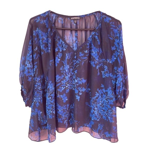 ❤️ 🆕 EXPRESS Blouse Floral Blue Sheer Dolman Sleeve Blue floral blouse XS - Picture 8 of 14